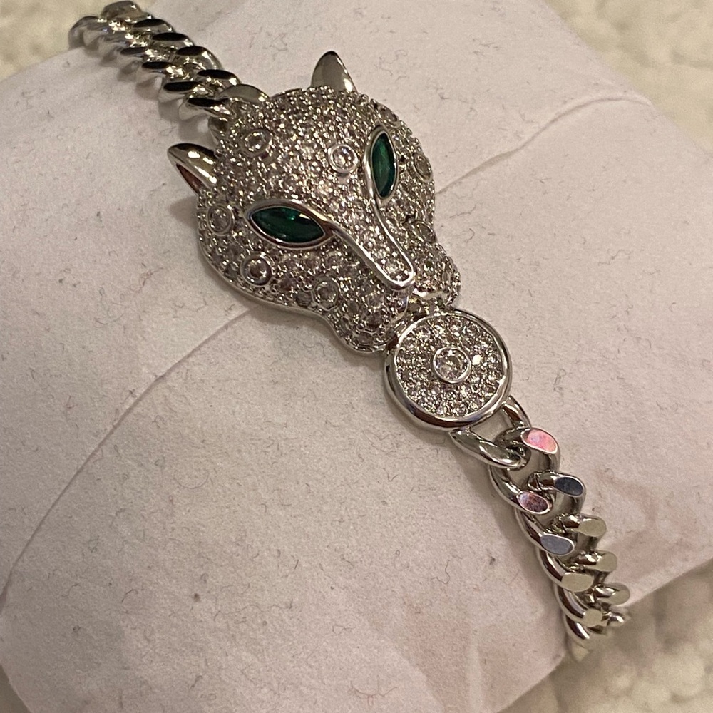 Silver Panther Head Crystal Bracelet